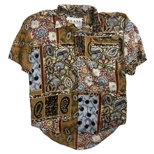 Vintage 80s 90s Hawaiian Shirt Frank Medium Brown Tribal Floral Rayon USA Made